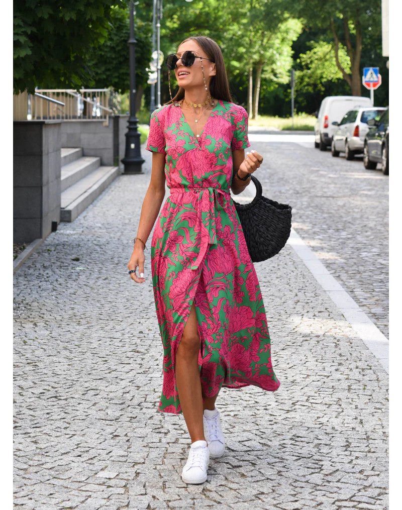 Vestido Midi Mujer Escote en V Cintura Ajustable