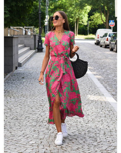 Vestido Midi Mujer Escote en V Cintura Ajustable