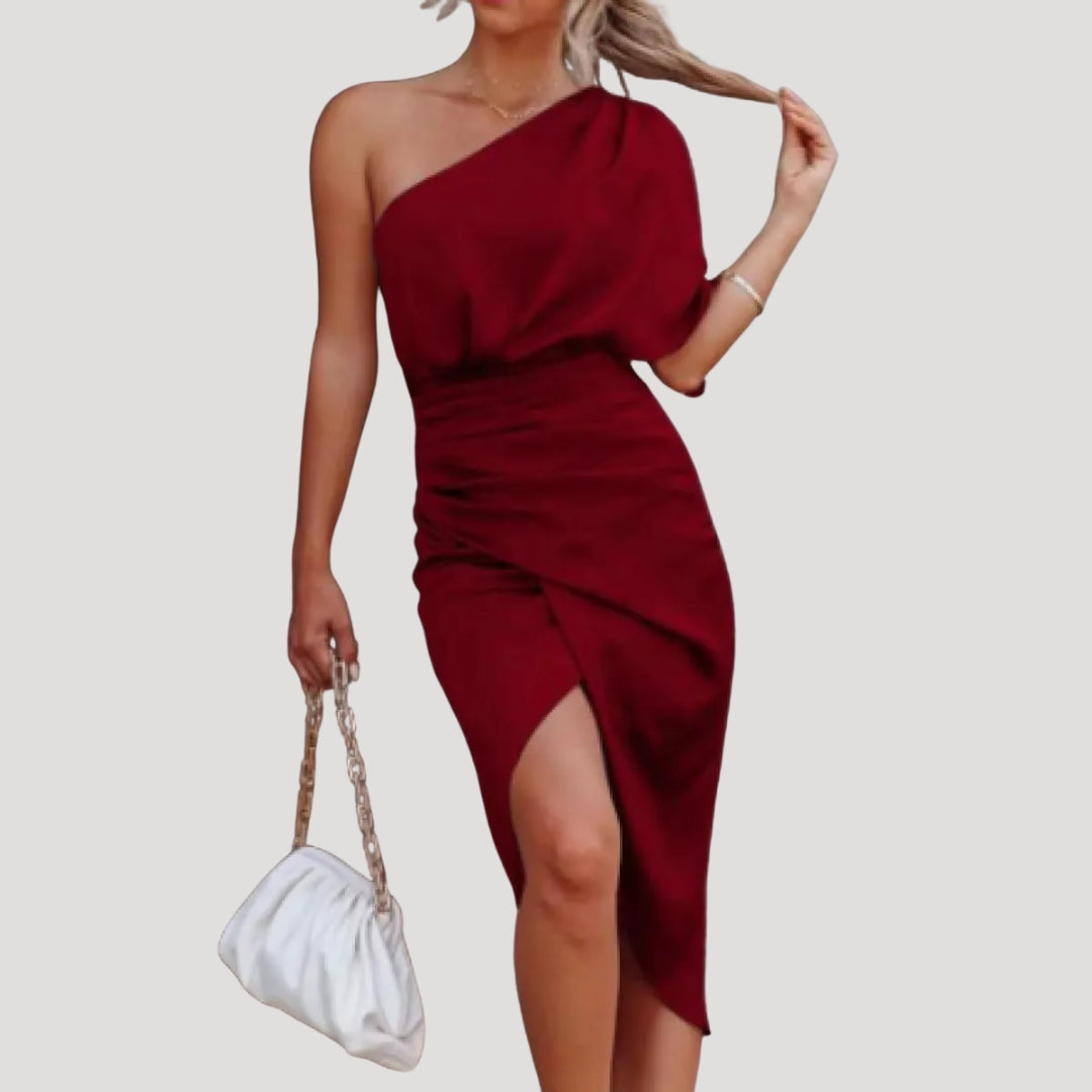 Vestido Mujer Satinado Escote Asimétrico Falda Cruzada