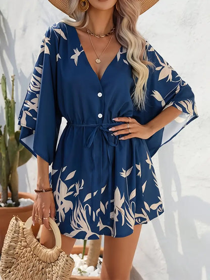 Vestido mini mujer Estampado floral Escote en V Mangas largas