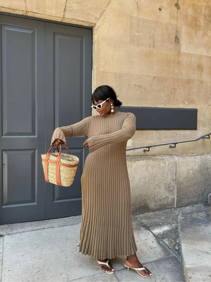 Vestido largo mujer de plumeti tejido elástico ajustado plisado