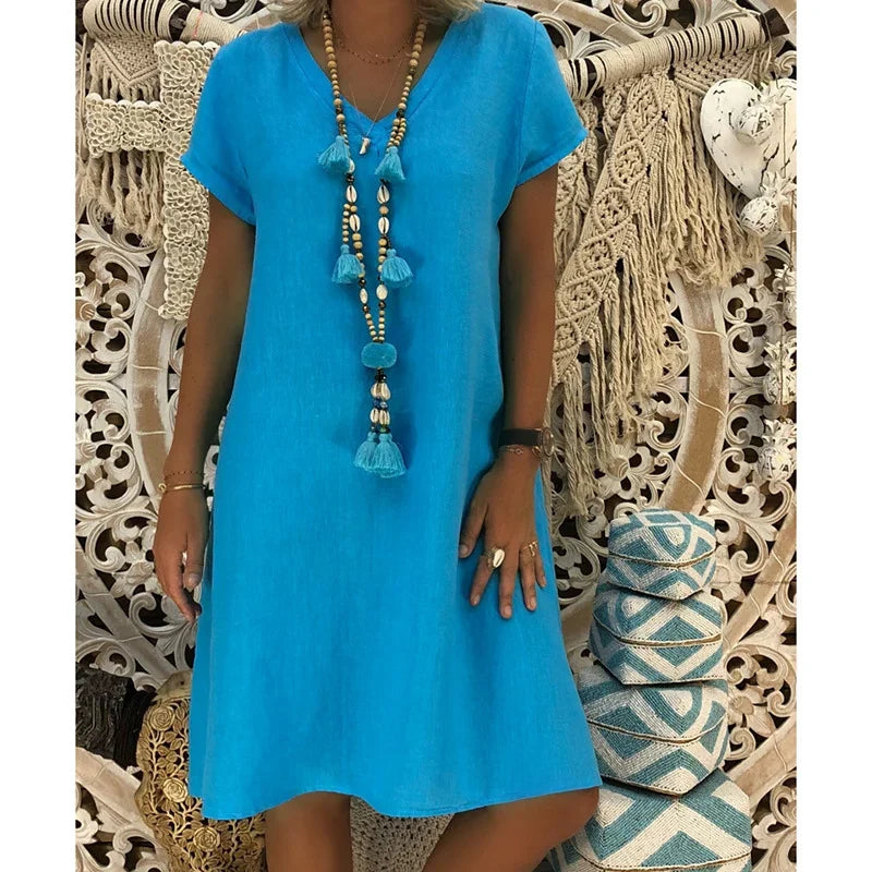 Vestido midi mujer Suave cuello en V mangas cortas