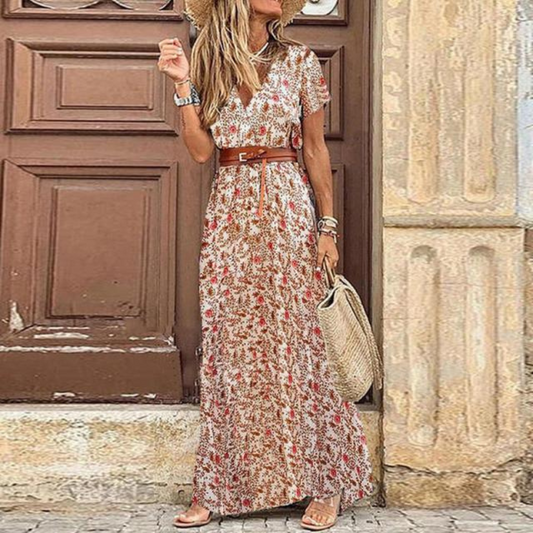 Vestido largo mujer floral manga corta con cinturón - Mavetta
