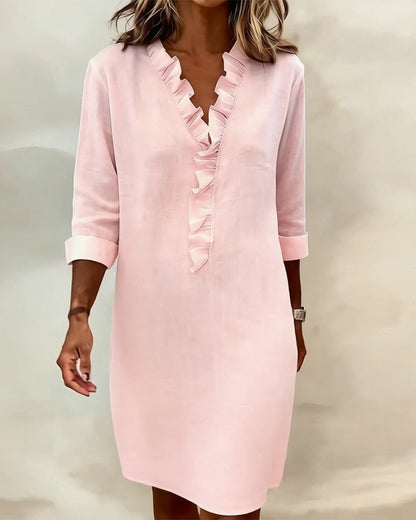 Vestido mujer lino algodón escote en V volantes casual