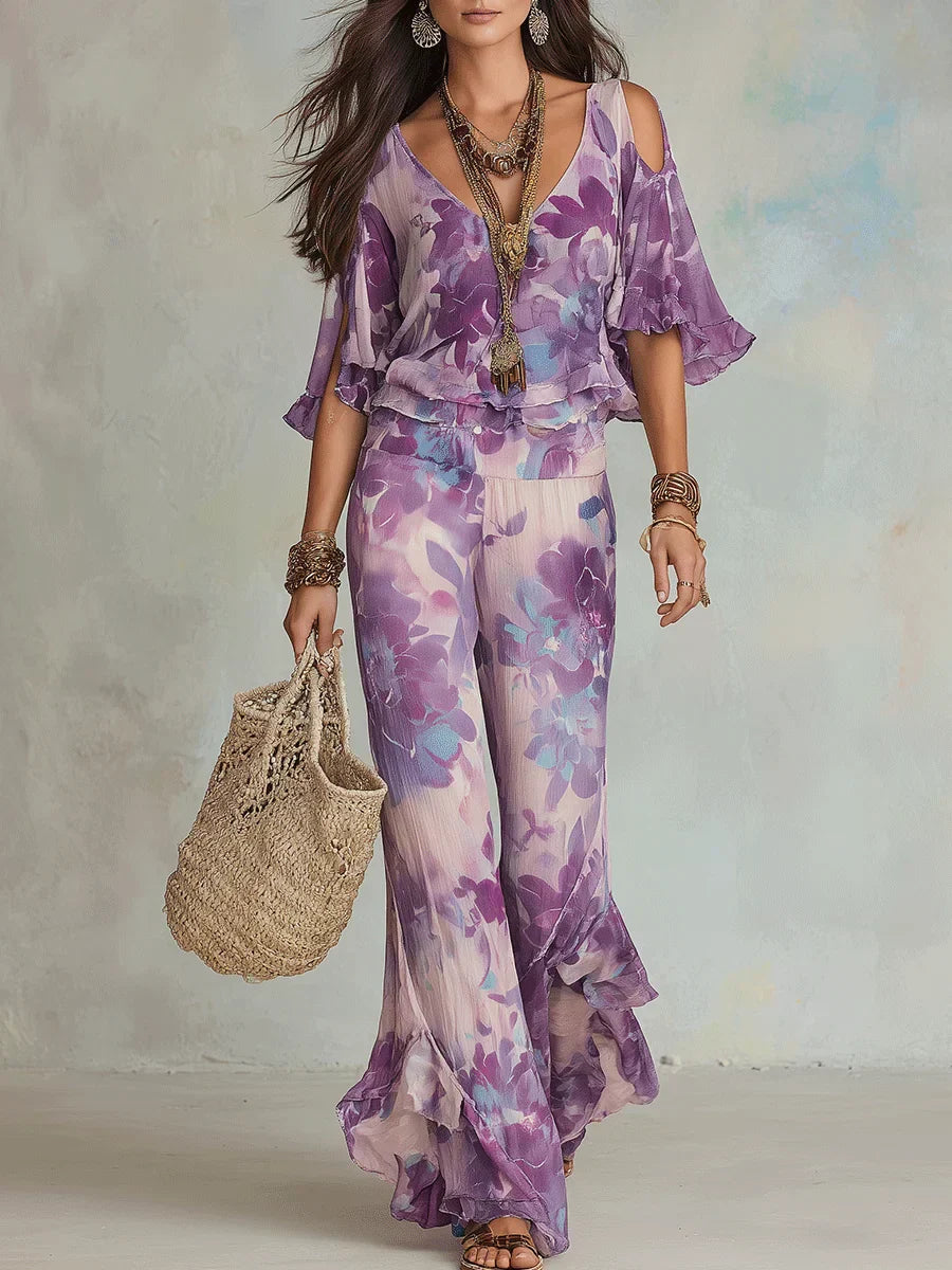 Conjunto mujer dos piezas tejido floral volantes pantalón acampanado - Mavetta