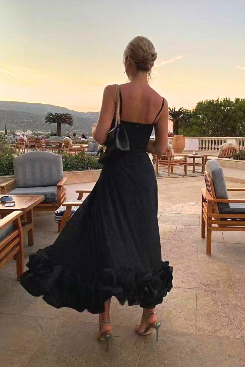 Vestido largo mujer con volantes y escote en V