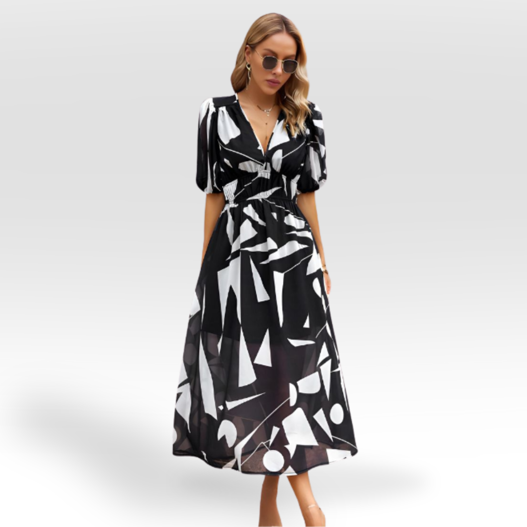 Vestido midi mujer con vuelo y escote en v