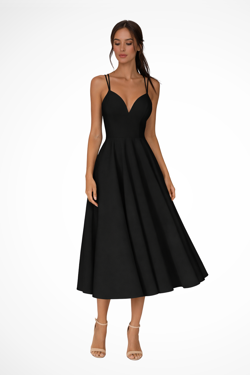 Vestido midi Mujer con tirantes finos y falda evasé