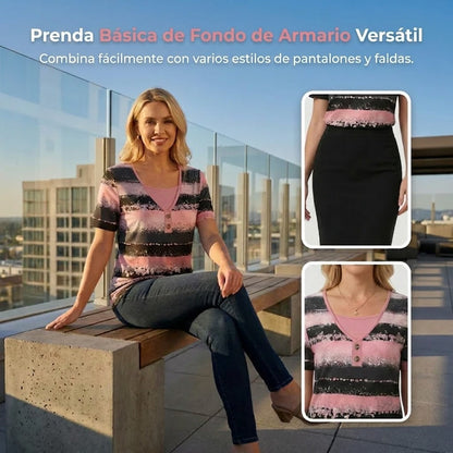 Camiseta henley mujer de algodón estampada estilo casual
