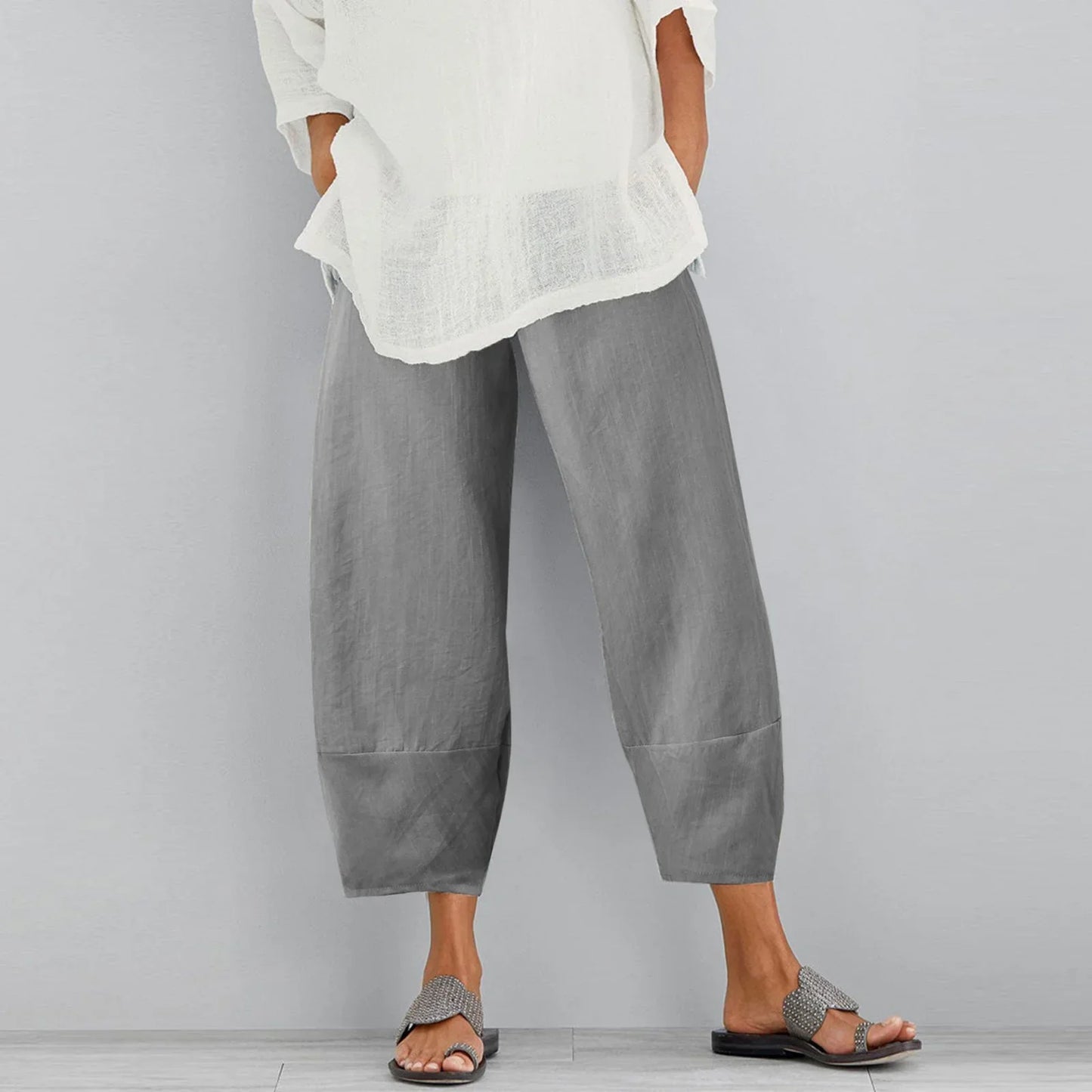 Pantalón ancho mujer de tela ligera corte suelto y largo cropped