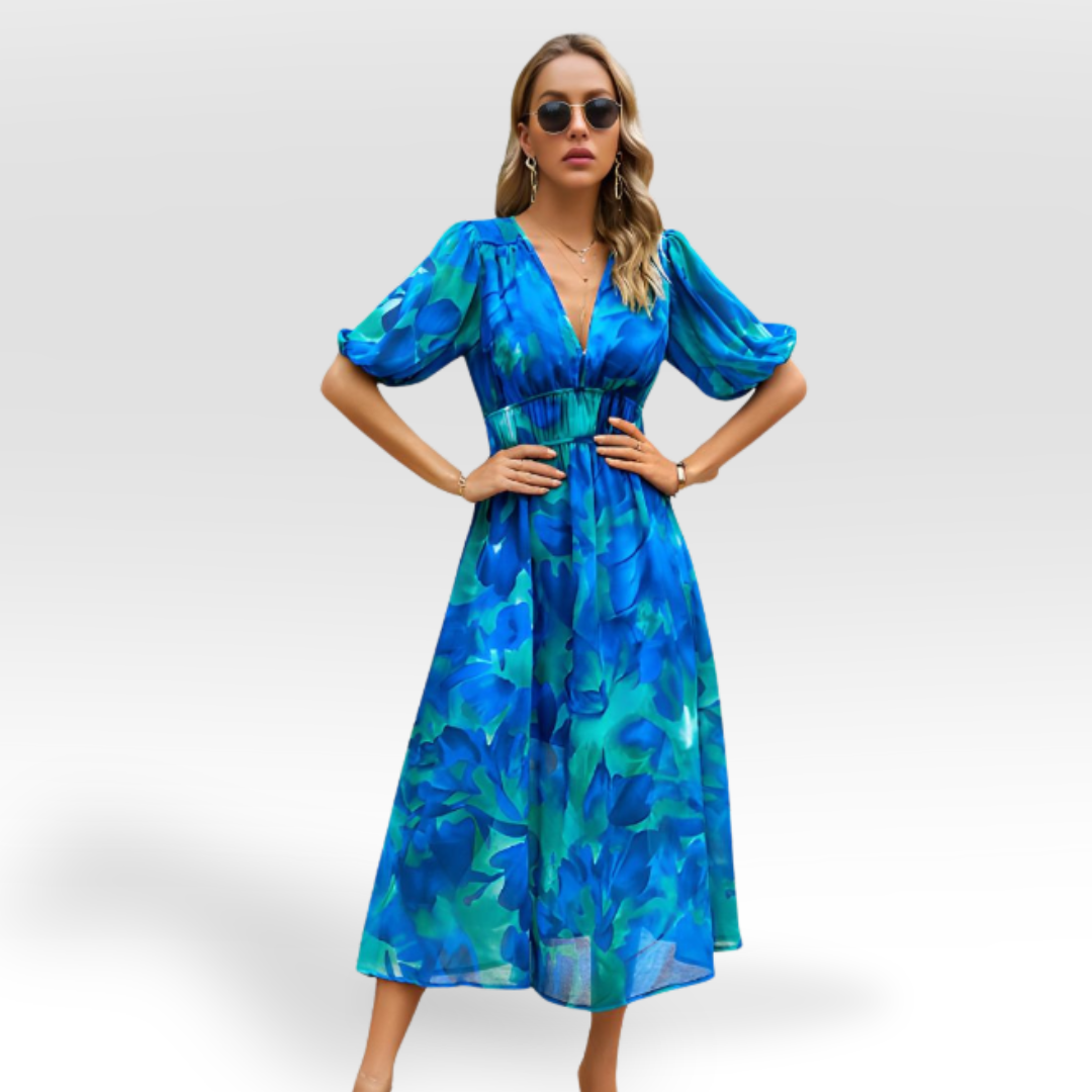 Vestido midi mujer con vuelo y escote en v