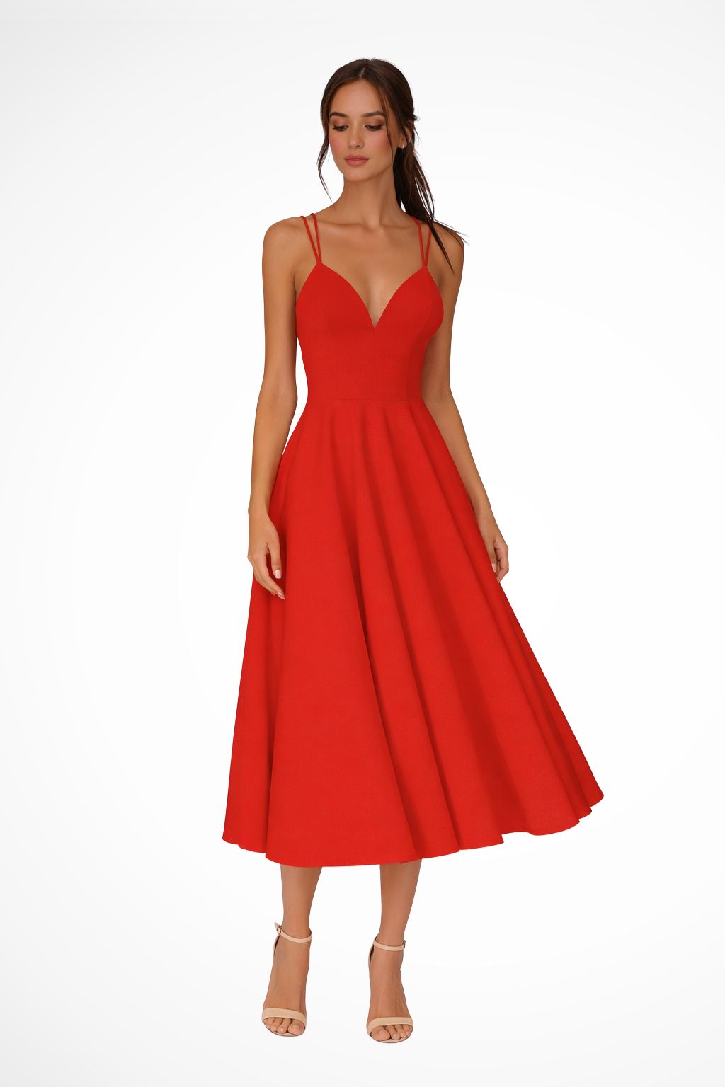 Vestido midi Mujer con tirantes finos y falda evasé - Mavetta