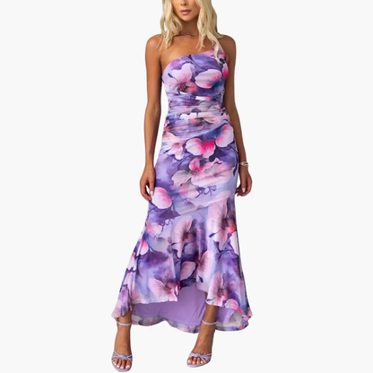 Vestido Mujer de Un Hombro Estampado Floral Elegante