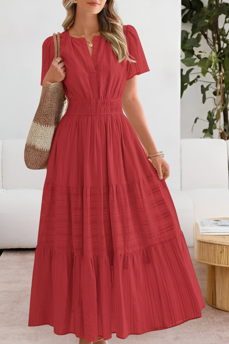 Vestido maxi mujer con cintura fruncida y mangas cortas