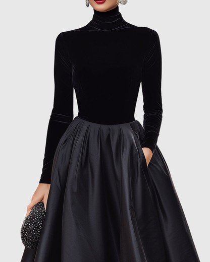 Vestido midi mujer de terciopelo y satén cuello alto falda amplia - Mavetta