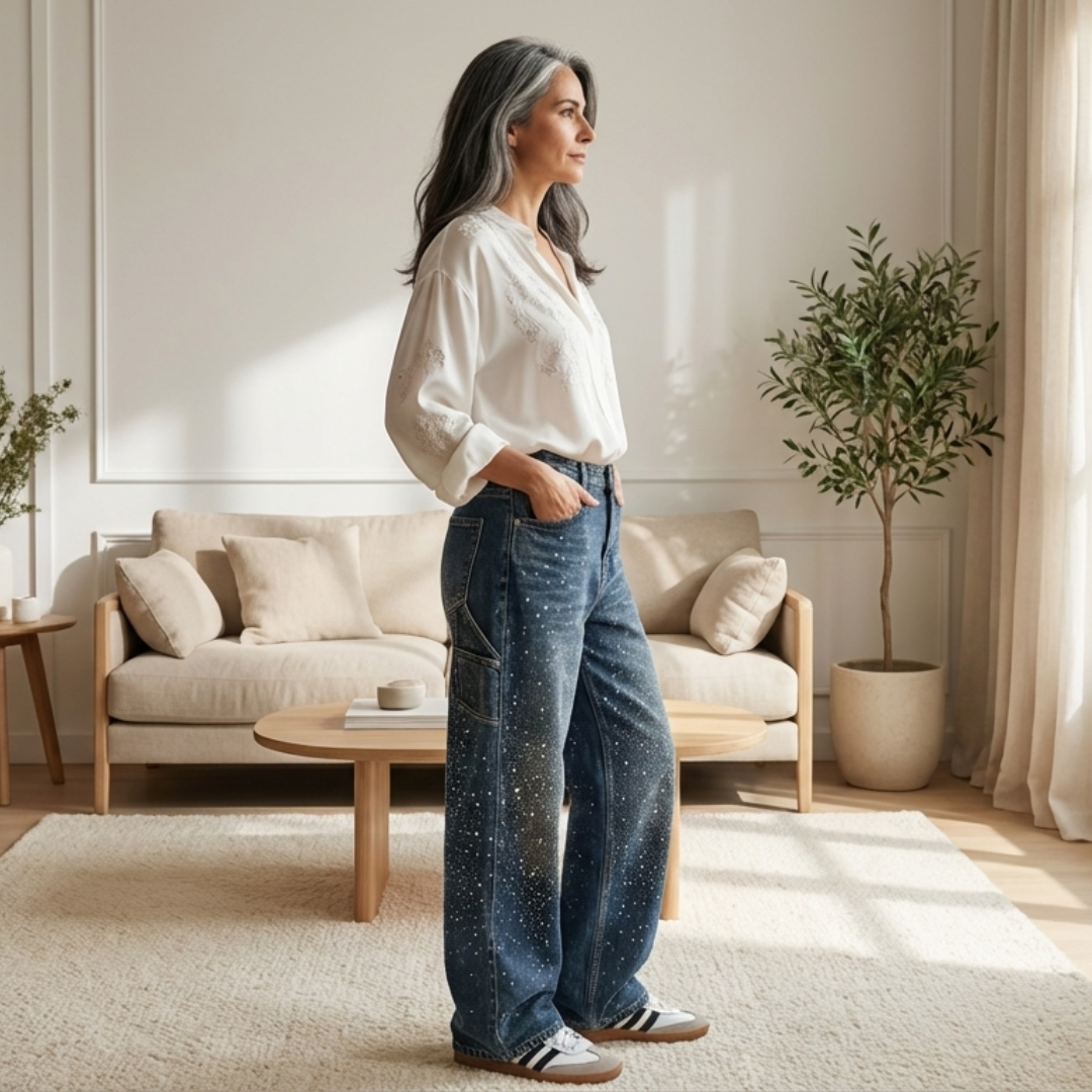 Pantalones Vaqueros Mujer Anchos Detalles Brillantes