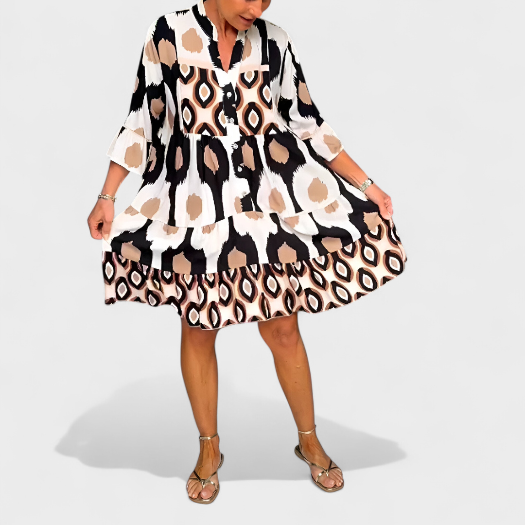 Vestido mujer estampado ikat geométrico cuello en V manga acampanada