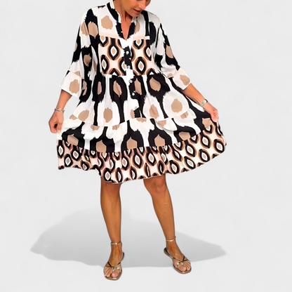 Vestido mujer estampado ikat geométrico cuello en V manga acampanada
