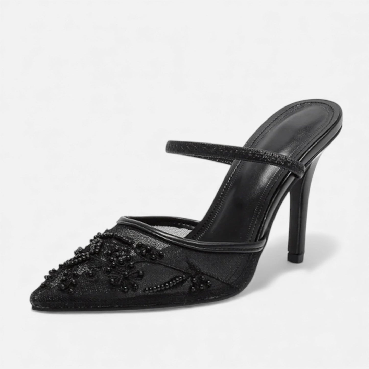 Zapatos Tacón Aguja Mujer Malla Bordada Punta Fina Correa