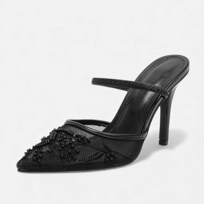 Zapatos Tacón Aguja Mujer Malla Bordada Punta Fina Correa