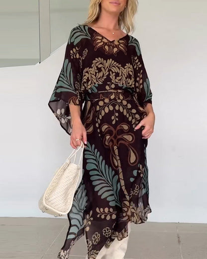 Vestido maxi mujer fluido estampado hojas estilo bohemio