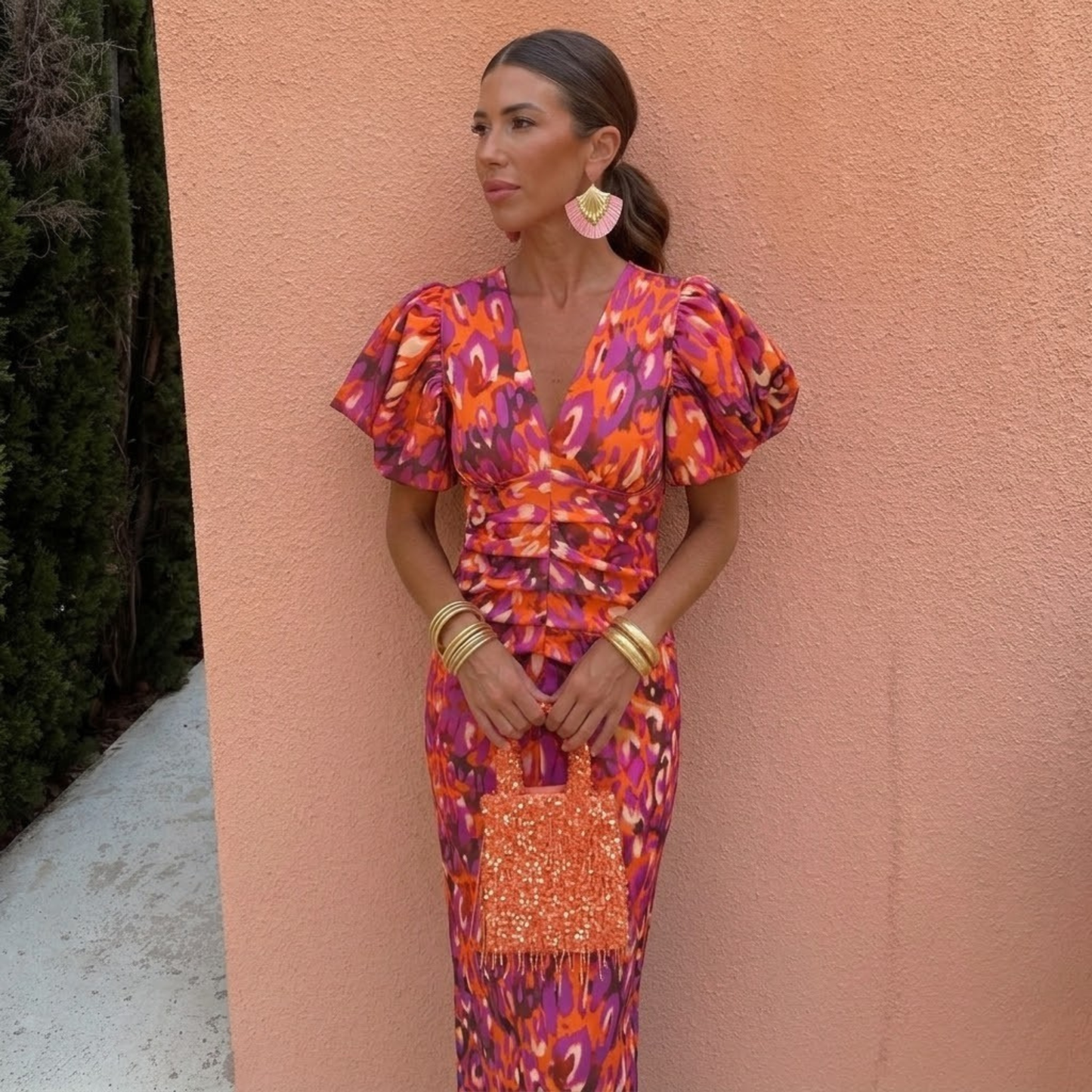 Vestido mujer escote en V mangas abullonadas estilo femenino