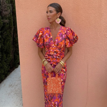 Vestido mujer escote en V mangas abullonadas estilo femenino