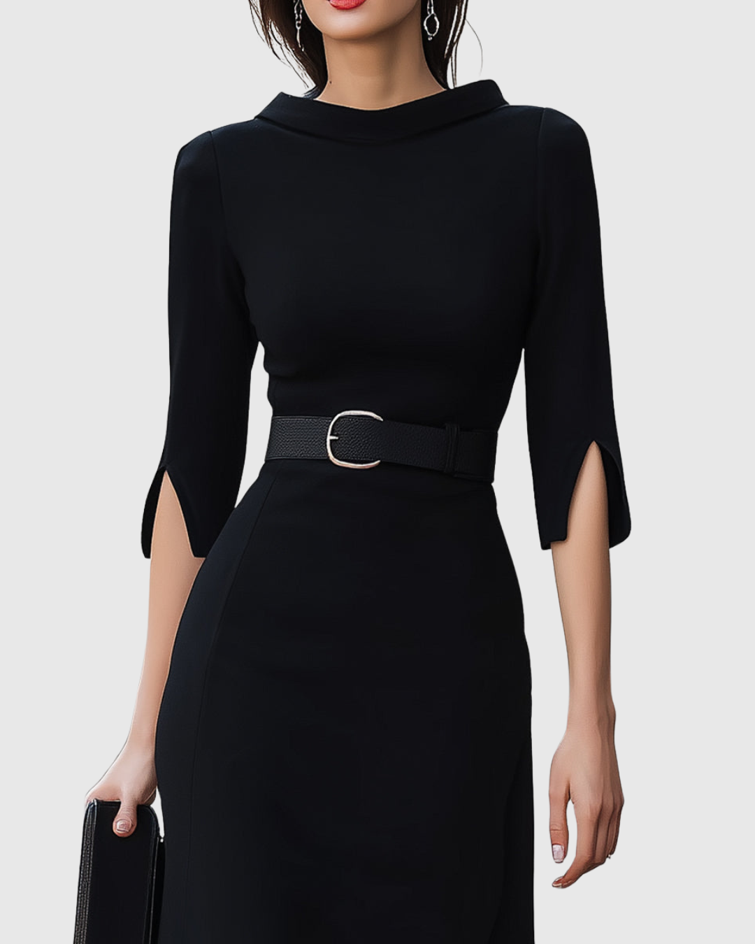 Vestido midi mujer con mangas tres cuartos y cintura definida