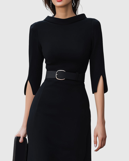Vestido midi mujer con mangas tres cuartos y cintura definida