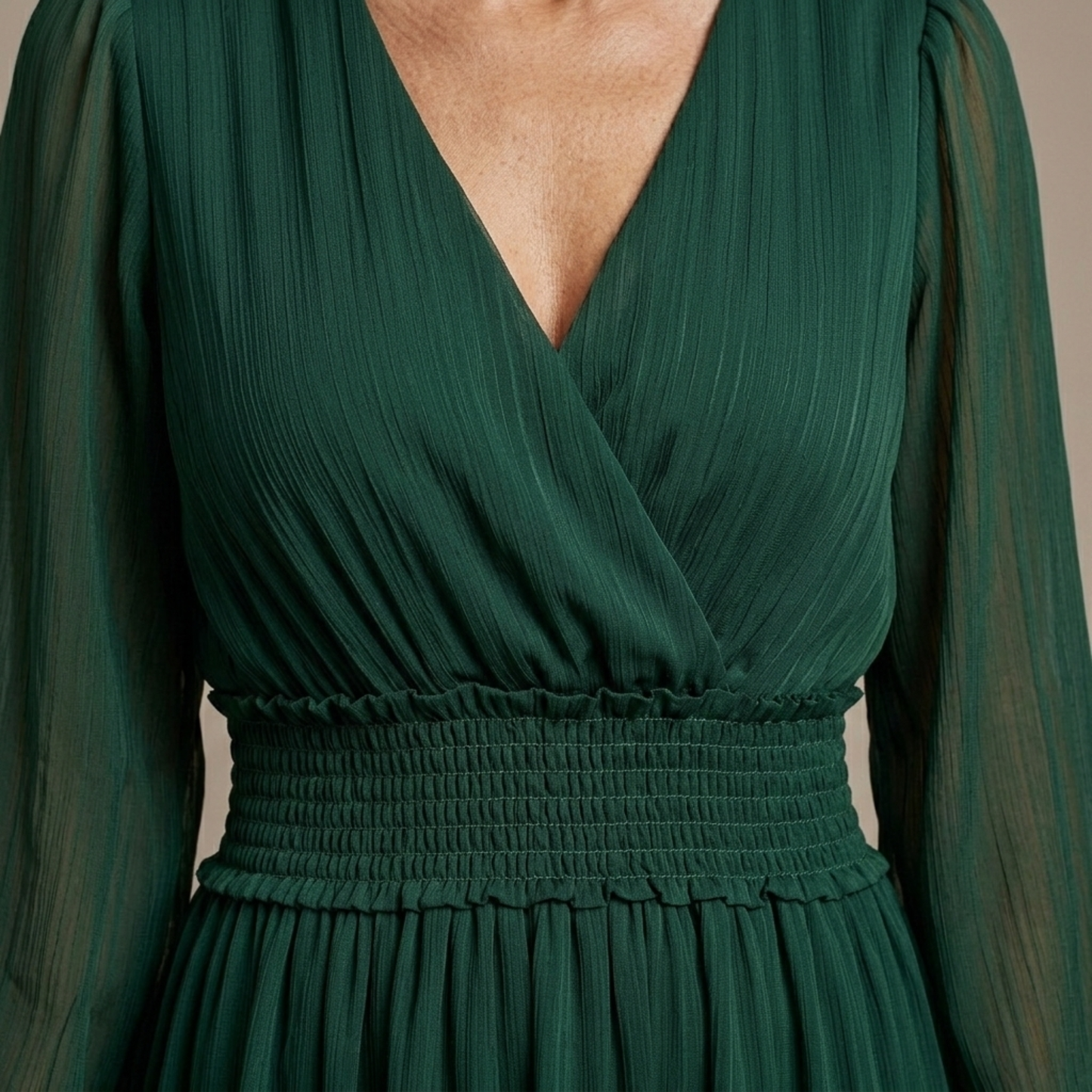 Vestido Largo Mujer Fluido Escote en V Manga Larga