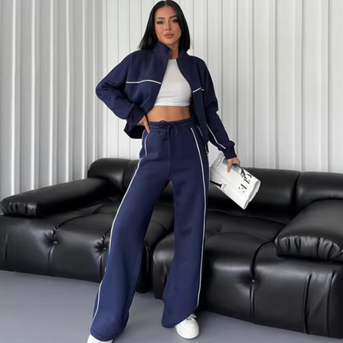 Conjunto Mujer de Cárdigan y Pantalón de Punto Cuello Alto
