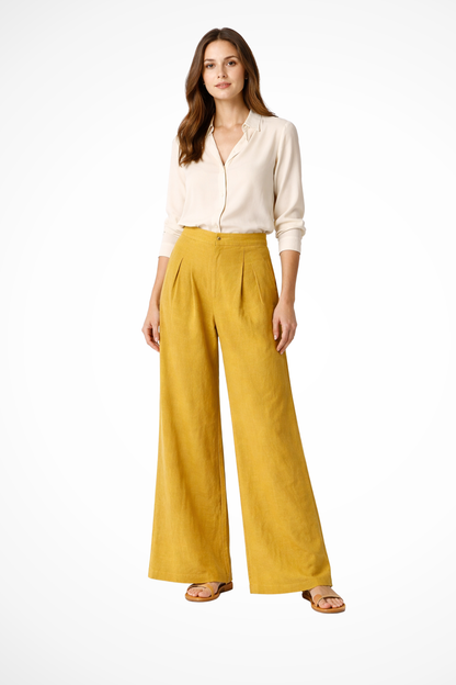 Pantalones Mujer Pata Ancha Pliegues Frontales Cintura Alta