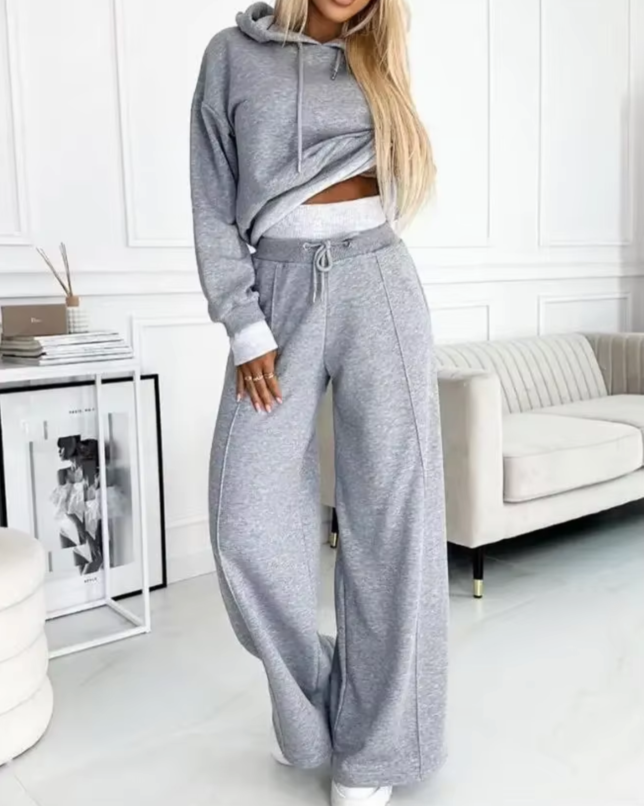 Conjunto Mujer Sudadera con Capucha y Pantalón Pierna Ancha