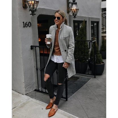 Abrigo Trenchcoat Mujer de Espiga Corte Medio Solapa Clásica