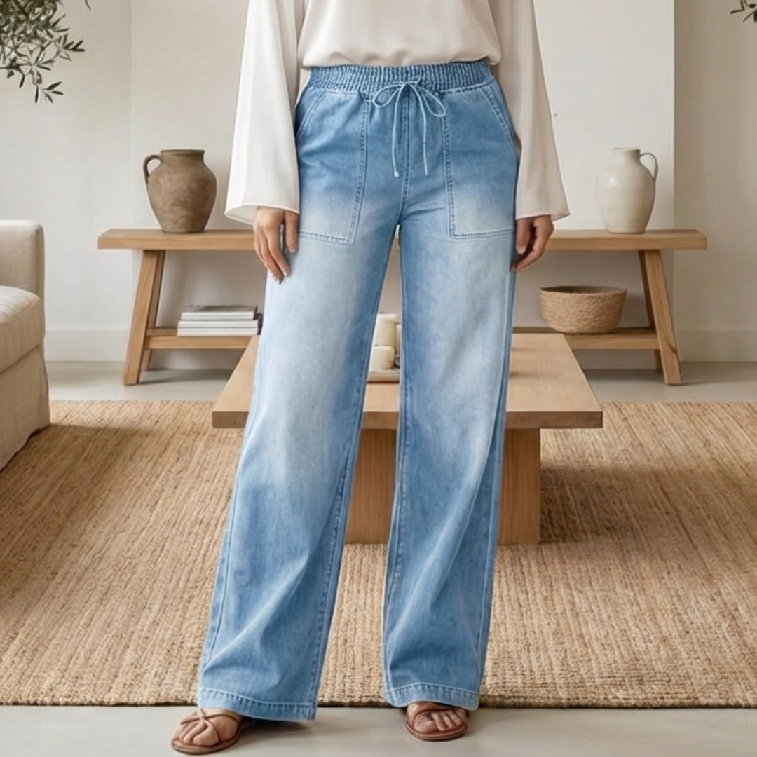 Pantalones Vaqueros Mujer Cintura con Cordón Pierna Ancha