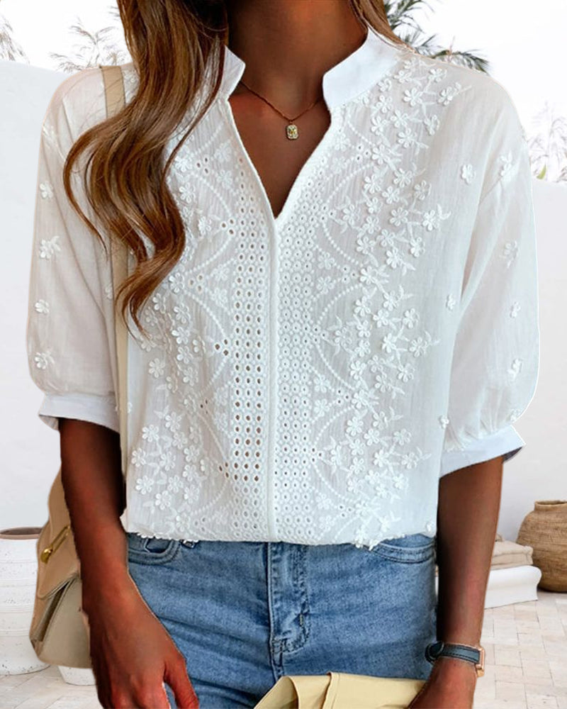 Blusa Mujer de Bordado Manga Suelta Cuello en V