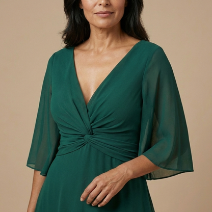 Vestido Largo Mujer Fluido Escote en V Detalle Fruncido