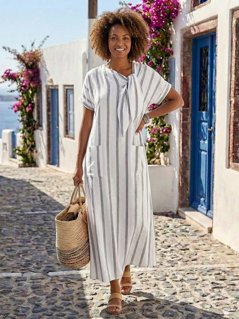 Vestido midi Mujer con botones y lazo tejido fresco - Mavetta