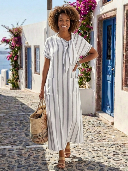 Vestido midi Mujer con botones y lazo tejido fresco - Mavetta