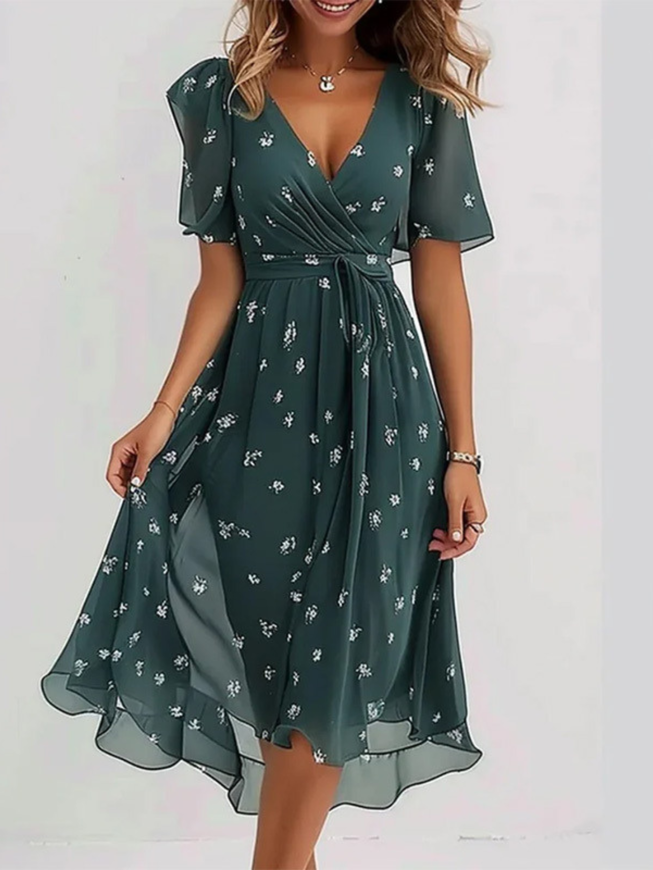 Vestido verano mujer escote en V cruzado falda fluida cintura