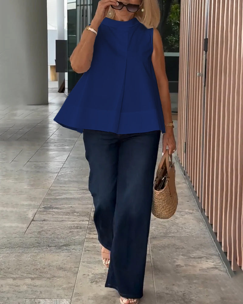Mujer sin Mangas Cuello Alto Pliegue