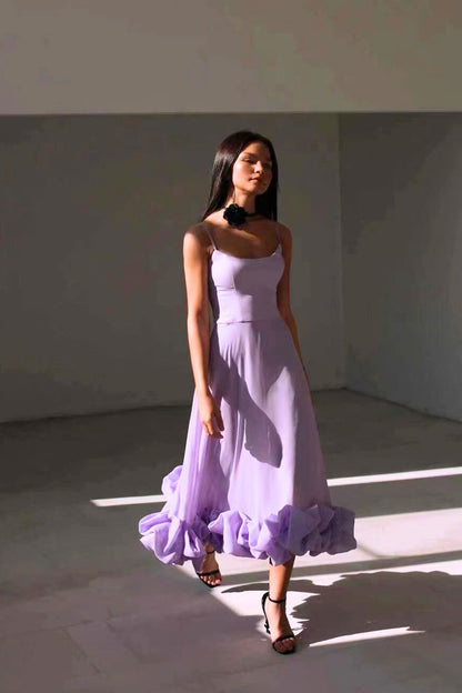 Vestido largo mujer con volantes y escote en V