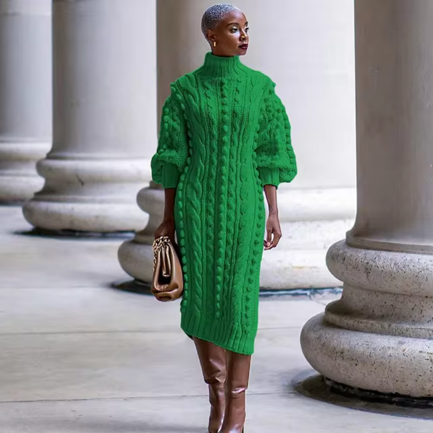 Vestido midi mujer de canalé cuello alto ajustado