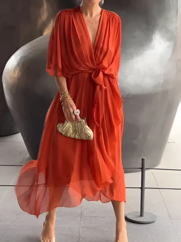 Vestido midi mujer cruzado con cinturón y caída elegante