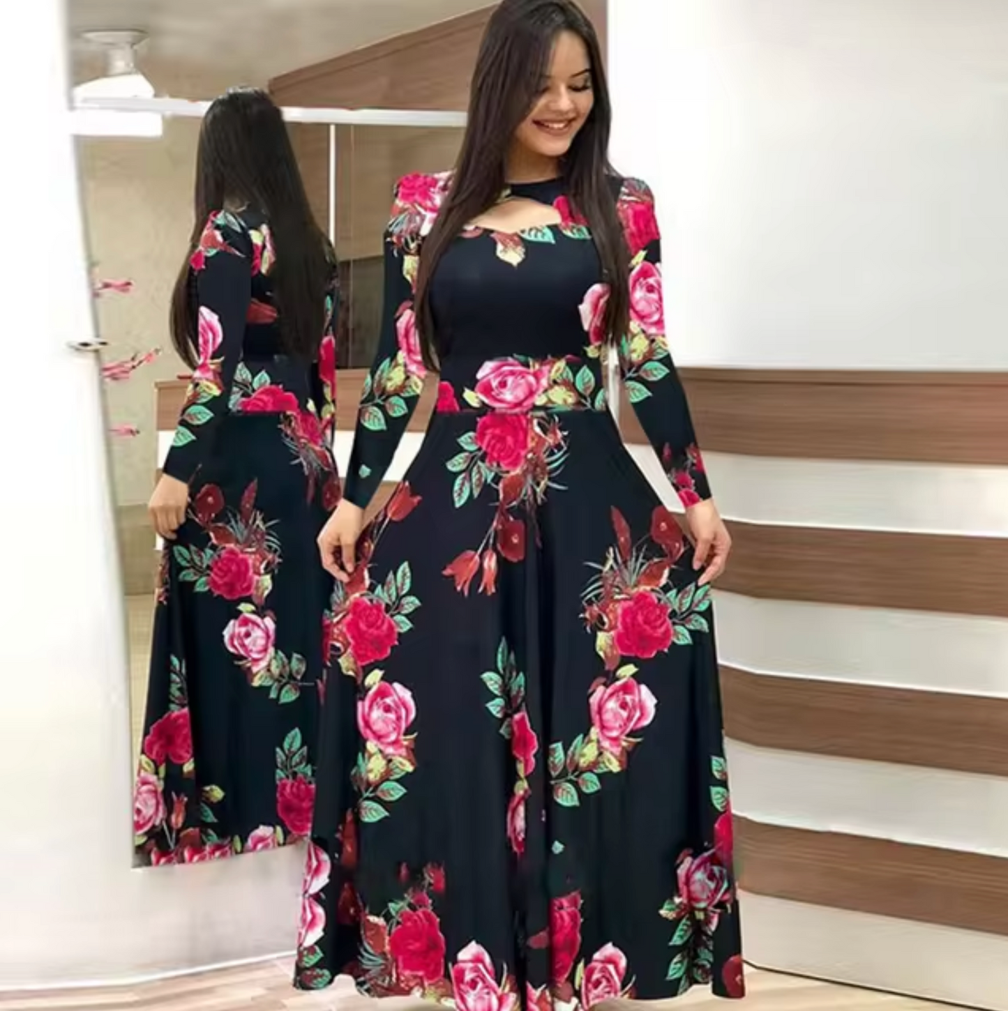 Vestido maxi mujer de manga larga con estampado floral