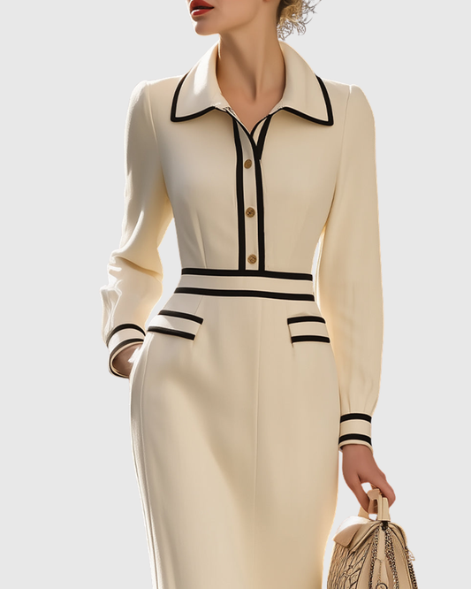 Vestido midi mujer con botones cuello clásico y cintura entallada - Mavetta