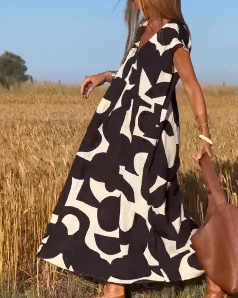 Vestido Mujer Estampado Escote en V Corte Fluido