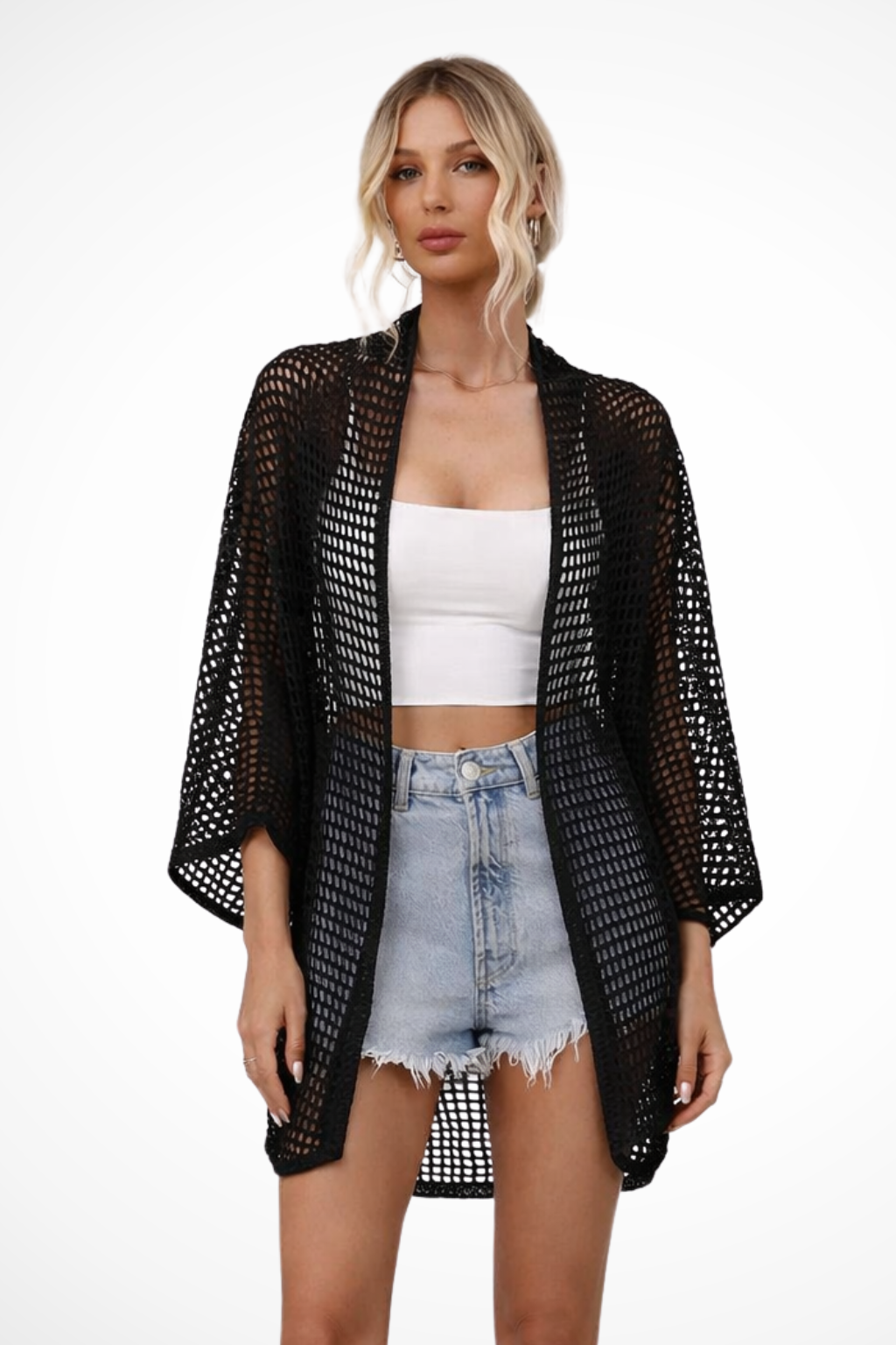 Cárdigan Mujer de Punto Calado Crochet Estilo Casual