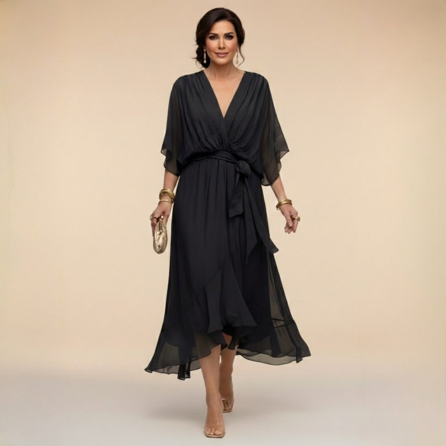 Vestido mujer de chiffon escote en V fluido ligero