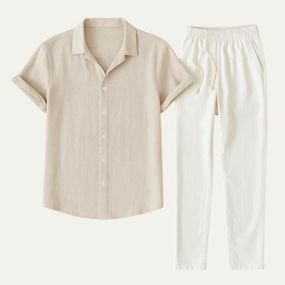Conjunto Hombre de Lino Camisa Manga Corta Pantalón Cordón